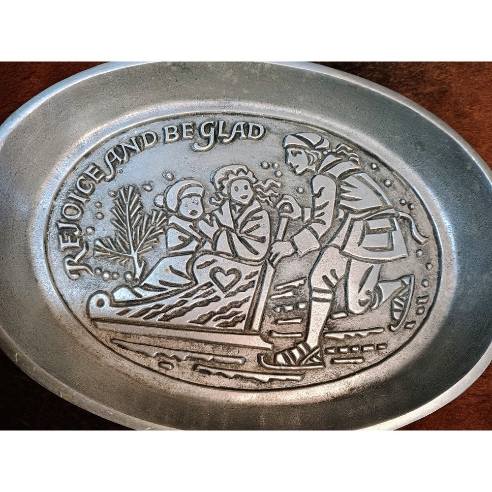 Vtg‎ Pewter Phila House Serving Tray Oval Dish Christmas Rejoice Be Glad Israel - Picture 2 of 8